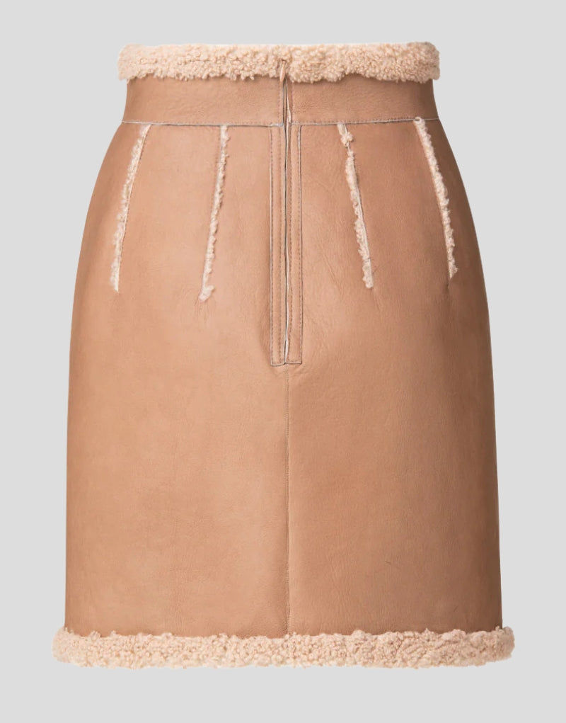 Back view of Camel Tan Sheepskin Leather Shearling Skirt - High-waisted women's leather skirt with cream shearling trim and invisible back zipper.