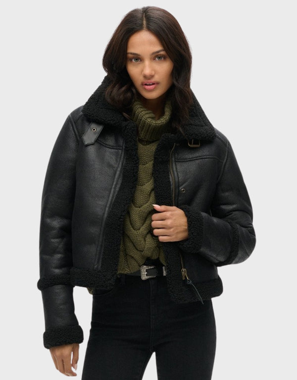 Black Leather Shearling Aviator Jacket For Women