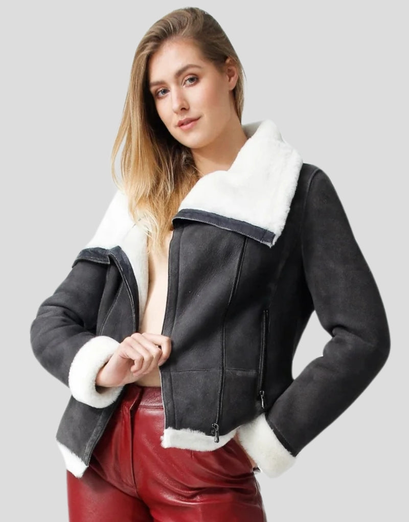 Black Shearling Jacket with Plush White Fur Trim