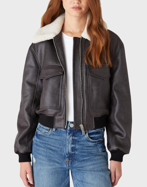 Black Sheepskin Leather Jacket With Shearling Collar