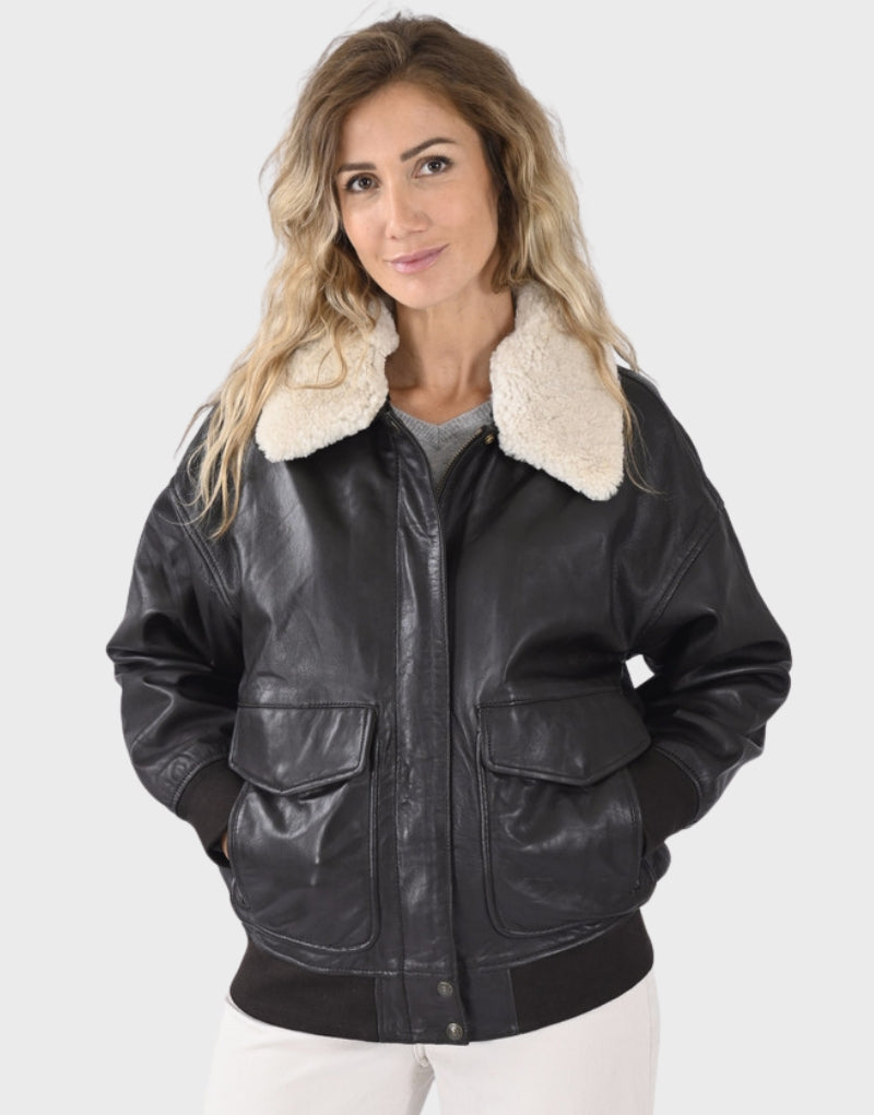 Black leather jacket with shearling collar