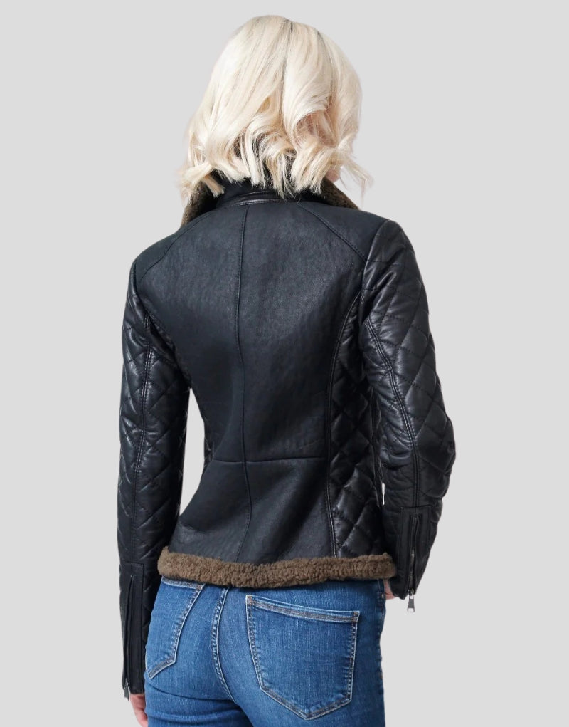 Chic Women's Quilted Leather Jacket with Brown Faux Shearling