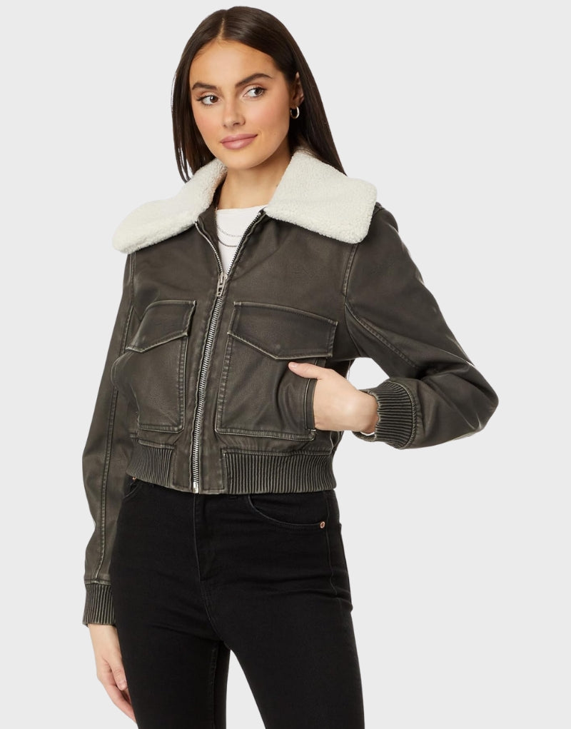 Cropped shearling leather jacket for women