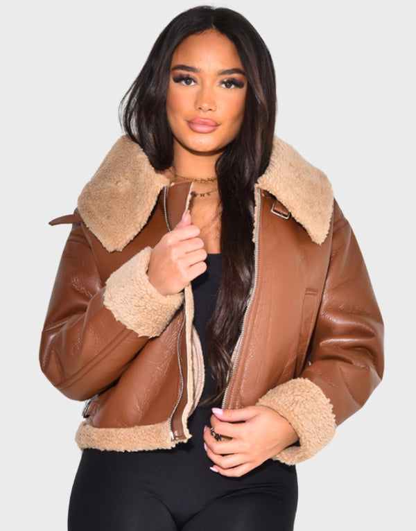 Florence Pugh Brown Cropped Shearling Jacket