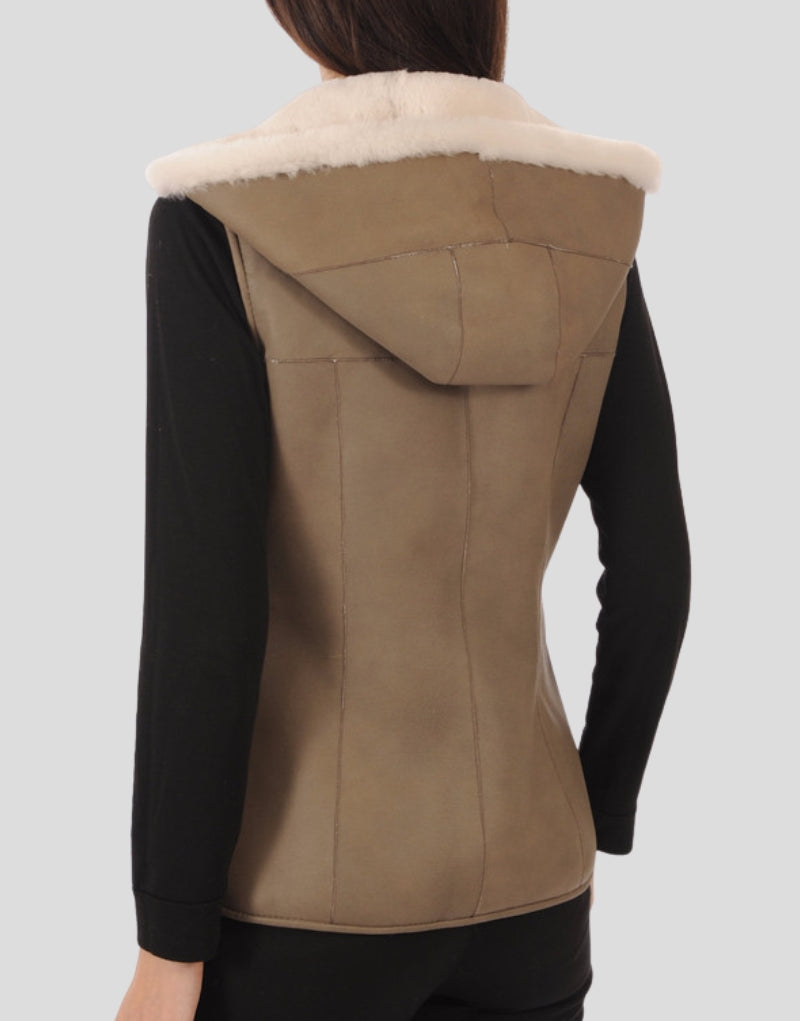 Back view of Sophia Sheepskin Shearling Vest with Hood, showing stylish leather finish and soft shearling lining.