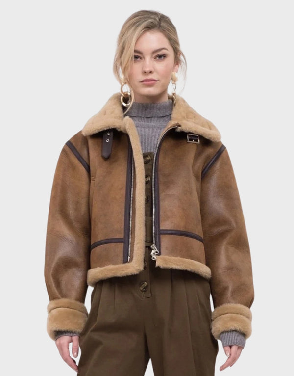 Keira Knightley Cropped Sheepskin Leather Shearling Jacket