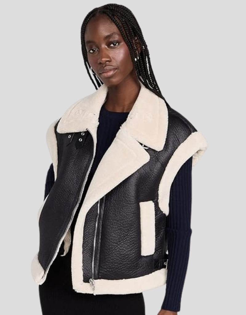 Emily Black Shearling Vest - Women's Leather Vest with Faux Shearling Collar and Zipper Front.