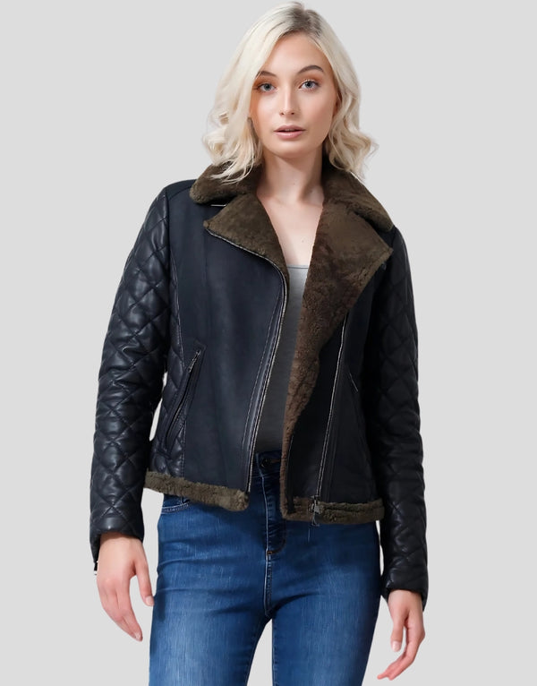 Lila Rock Black Leather Winter Jacket with Brown Shearling