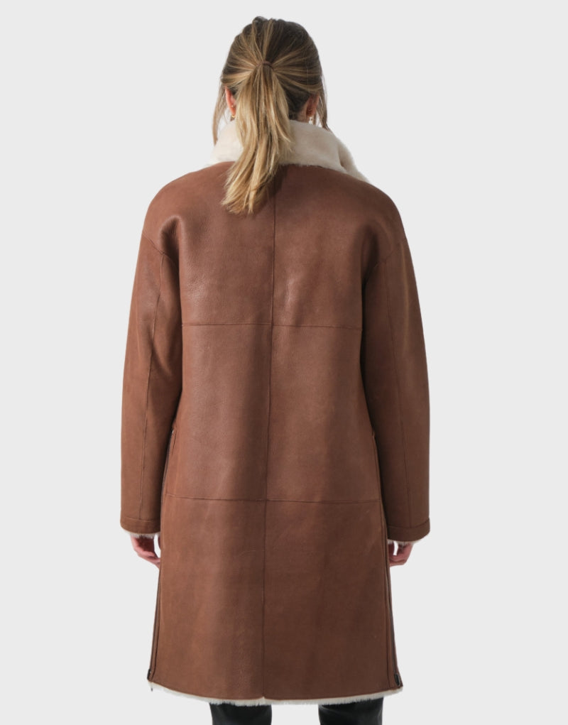 Back view of the Victoria Beckham Shearling Sheepskin Leather Coat featuring a sleek brown leather finish and soft shearling lining.