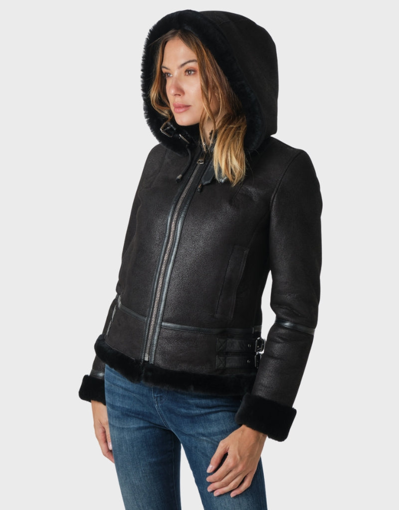 Meghan Markle Black Sheepskin Shearling Lined Hoodie Jacket