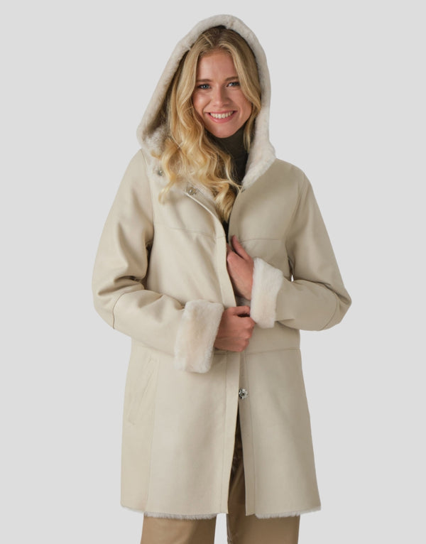 Miley White Sheepskin Leather Coat With White Shearling