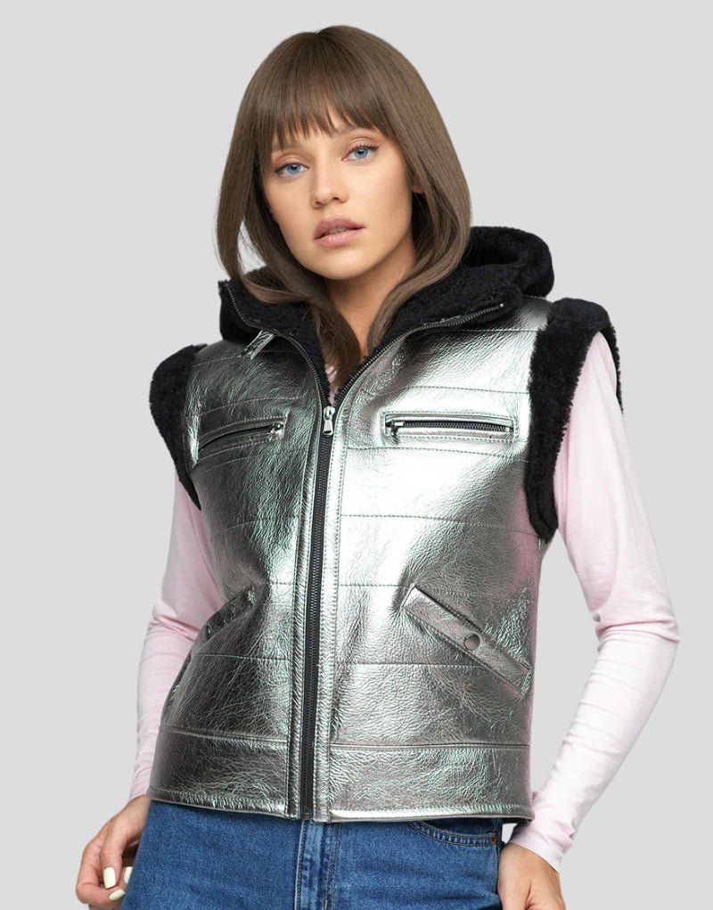 Metallic Silver Black Shearling Hooded Vest - Women's Shiny Leather Vest with Faux Shearling Hood and Zipper Closure.