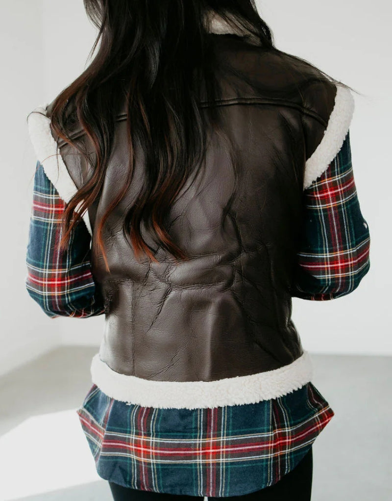 Back view of Ruby Brown Sheepskin Shearling Vest - Women's Leather Vest with Cream Faux Shearling Trim and Rustic Design.