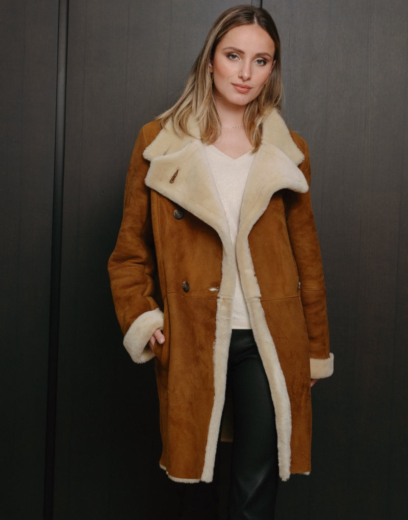 "Elegant Double-Breasted Shearling Coat with Warm Fur Trimmed Design"