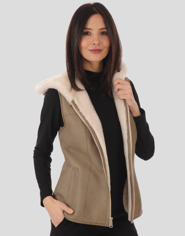 Sophia Sheepskin Shearling Vest With Hood