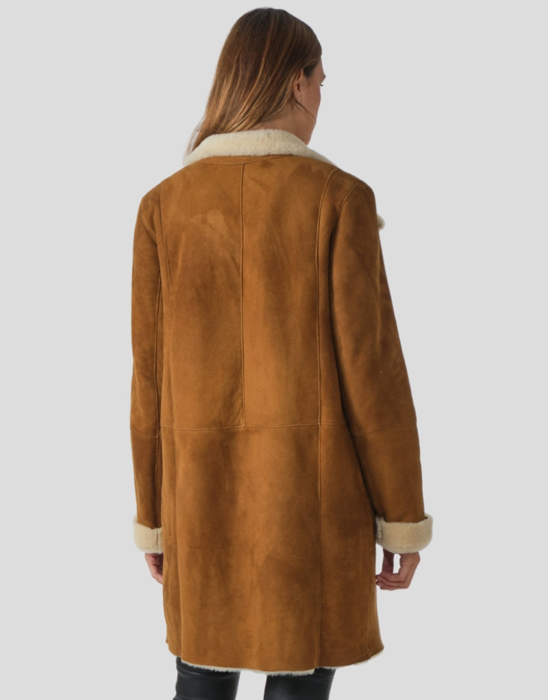 "Camel Brown Shearling Leather Coat for Women with Faux Fur Collar and Cuffs"