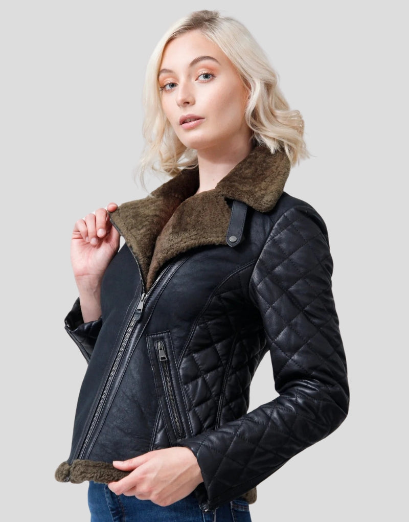 Stylish Quilted Black Leather Jacket for Women with Shearling