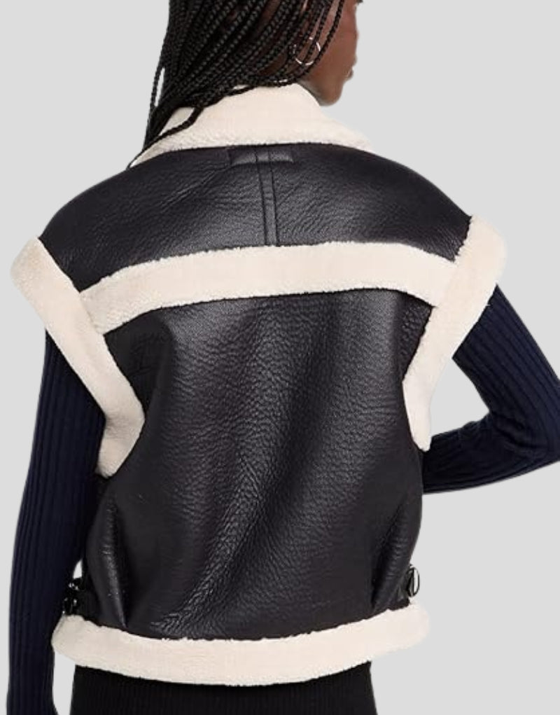 Back view of Emily Black Shearling Vest - Women's Black Leather Vest with Shearling Trim.