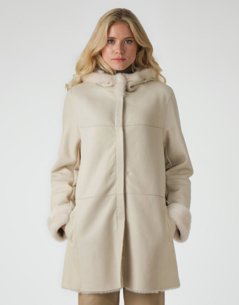 White leather coat with soft shearling lining for women