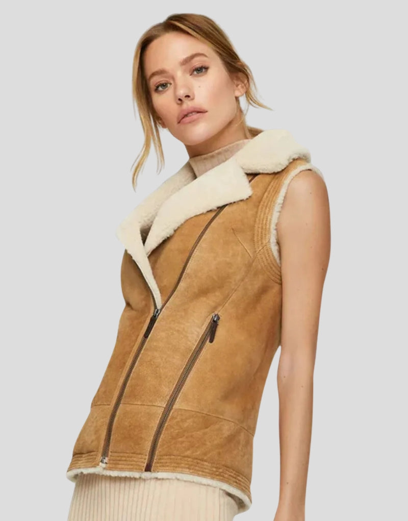 Leah Stylish Sheepskin Vest - Women's Tan Leather Vest with Faux Shearling Collar and Zipper Closure.