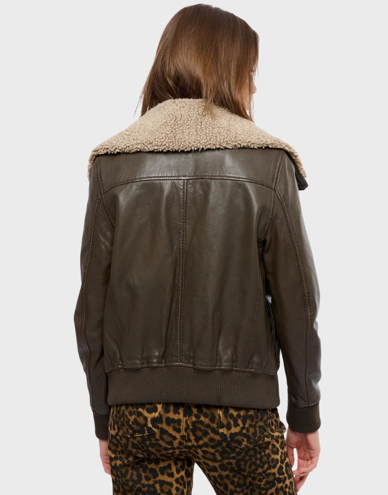 Back view of Alexa Chung Aviator Sheepskin Jacket with Shearling, showcasing a leather finish, plush shearling collar, and ribbed cuffs for added style.