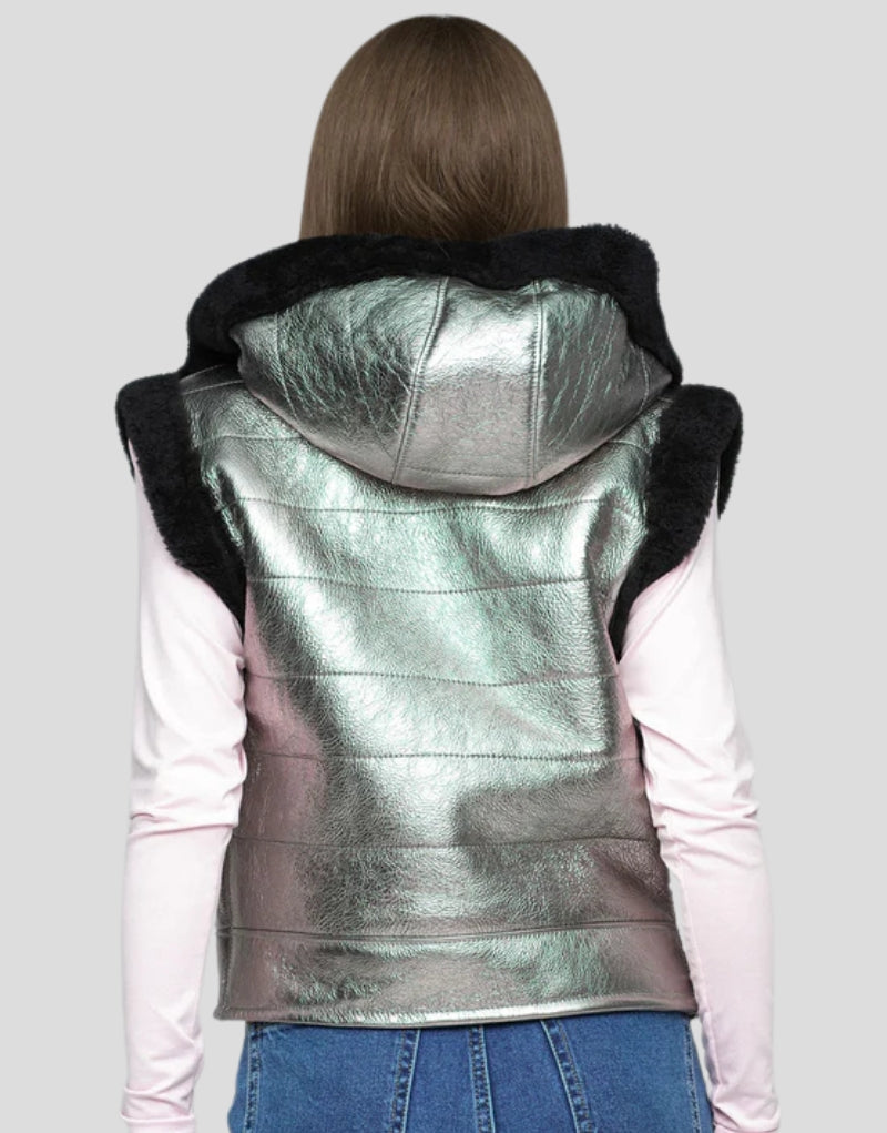Back view of Metallic Silver Black Shearling Hooded Vest - Women's Leather Vest with Faux Shearling Hood and Modern Metallic Finish.