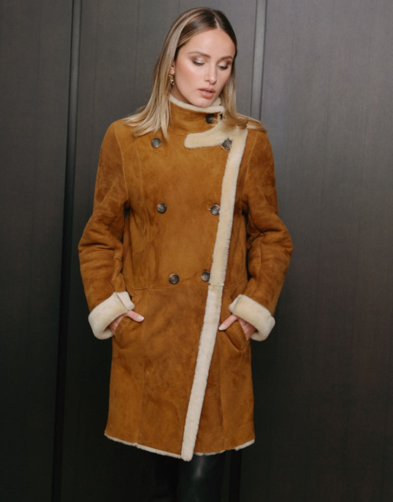 "Stylish Women's Sheepskin Leather Coat with Fur Lining and Button Closure"