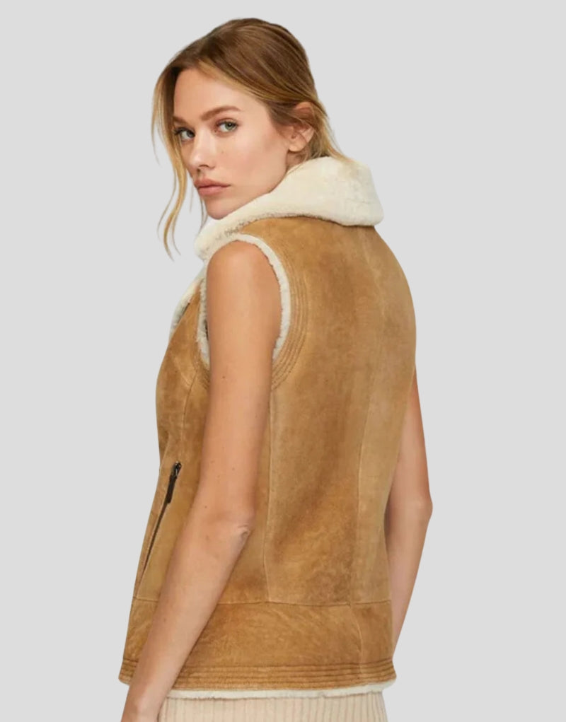 Side view of Leah Stylish Sheepskin Vest - Women's Leather Vest with Faux Shearling Lining and Zipper Details.