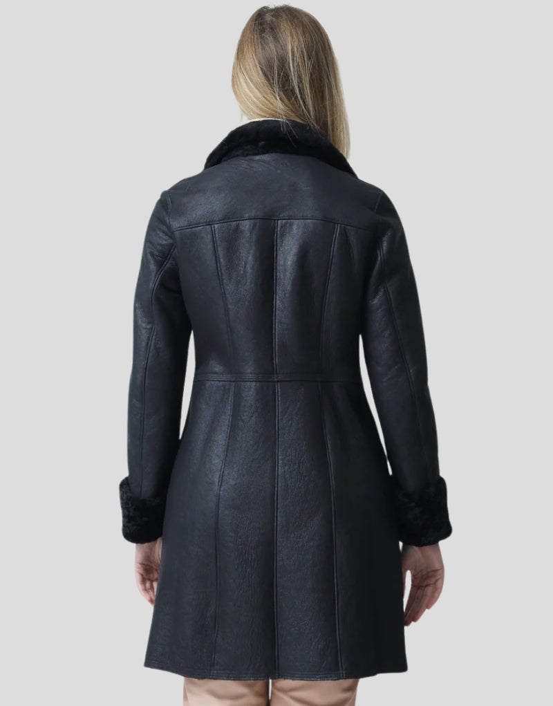 Winter Leather Coat with Shearling Cuffs