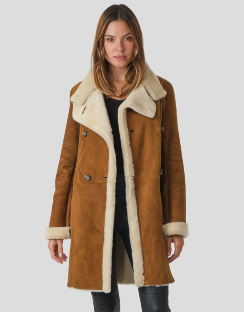 "Dua Lipa Camel Shearling Coat - Women's Double-Breasted Sheepskin Leather Jacket"