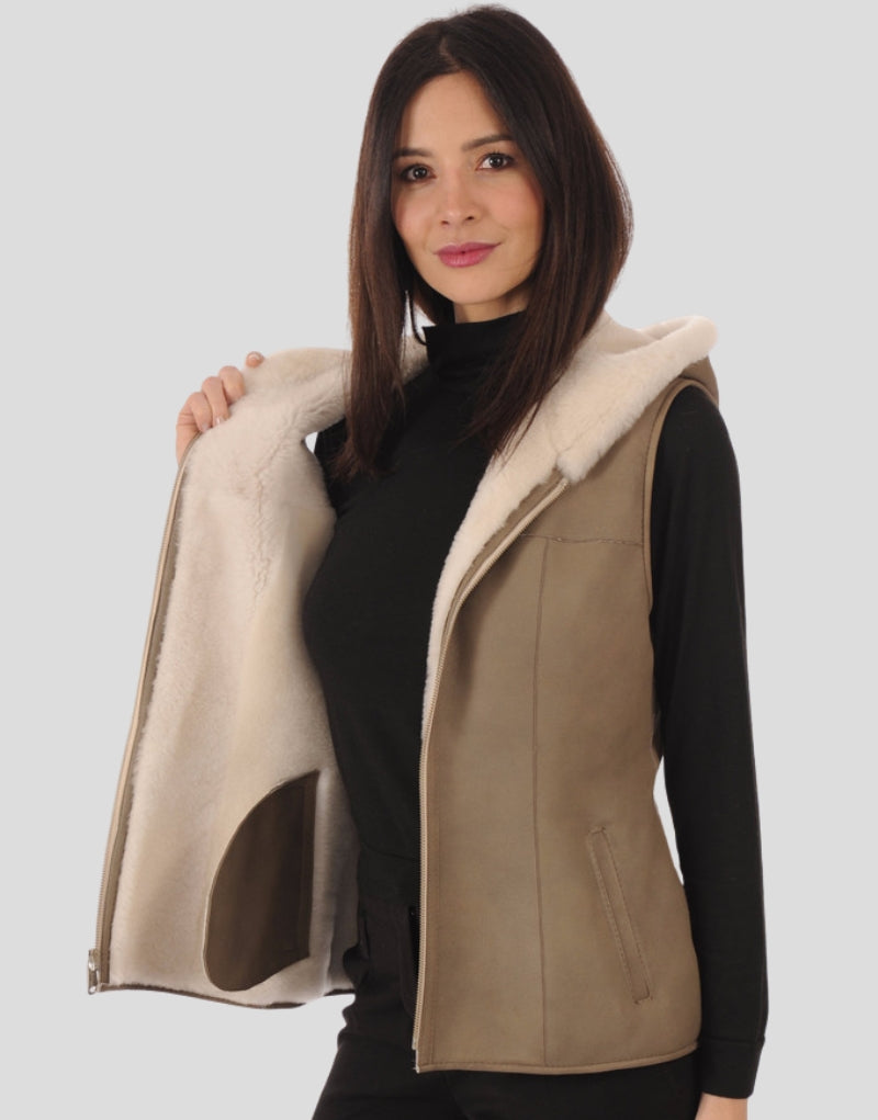Front open view of Sophia Sheepskin Shearling Vest with Hood, highlighting zip closure and plush interior shearling lining.