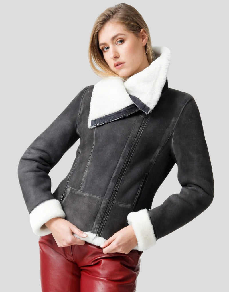 Women's Winter Jacket in Black with Cozy White Fur