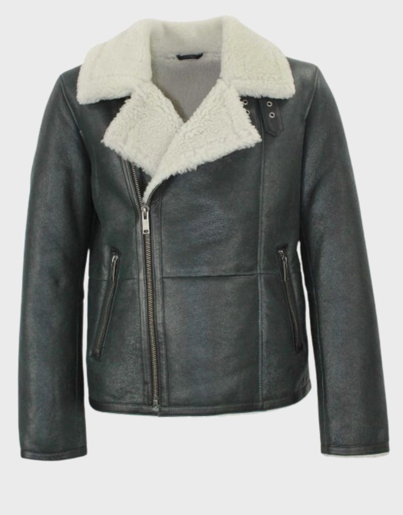 black leather shearling biker jacket