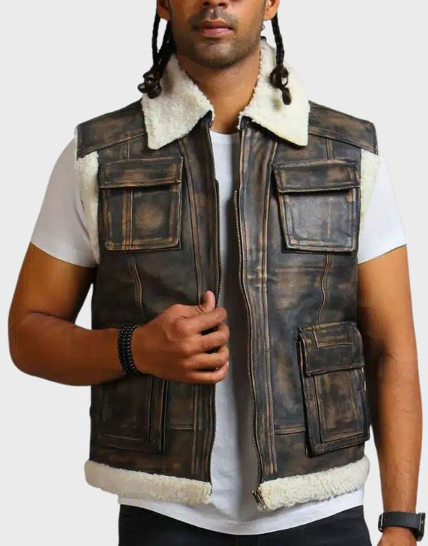 black leather shearling vest