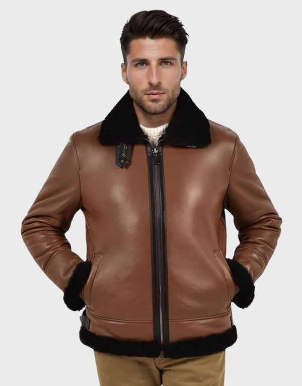 brown leather jacket with fur collar