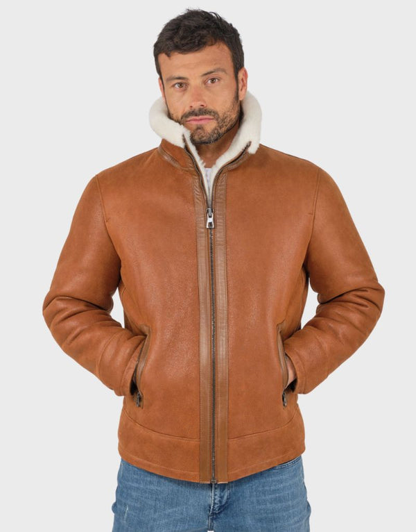 brown leather shearling bomber jacket