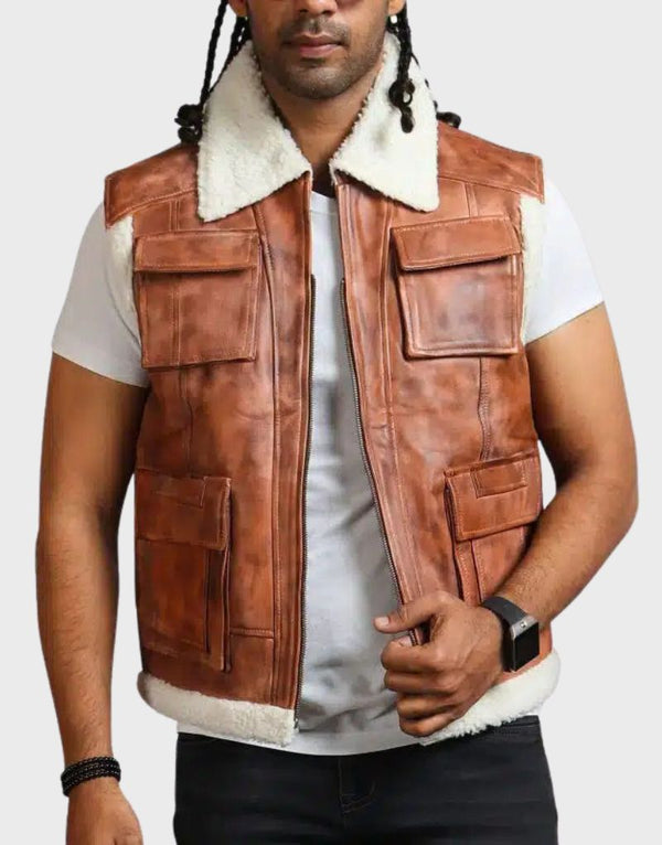 brown leather shearling vest