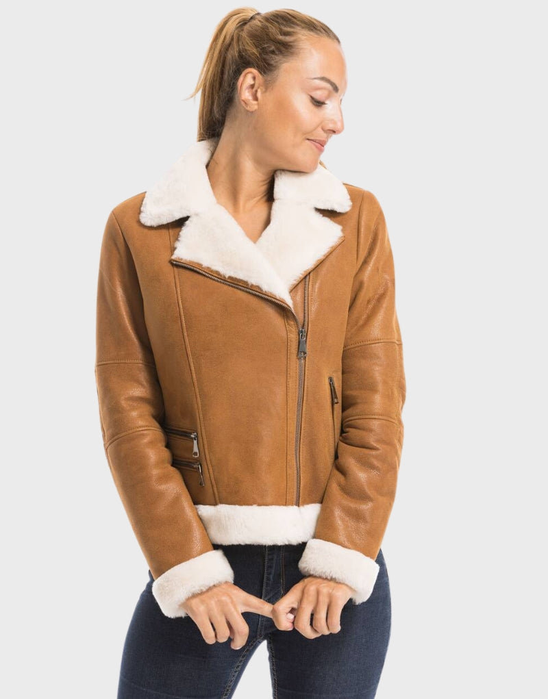 Buy brown leather shearling jacket womens