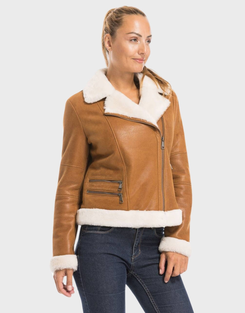 camel shearling jacket women's