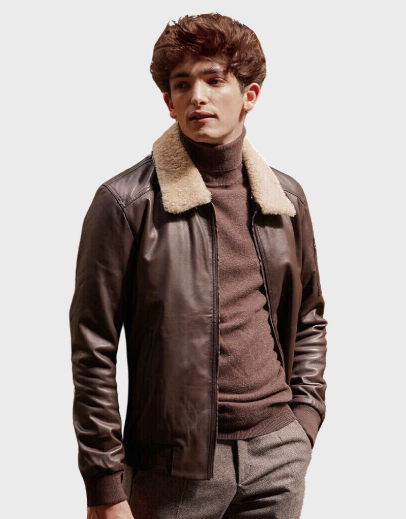 dark brown jacket with fur collar