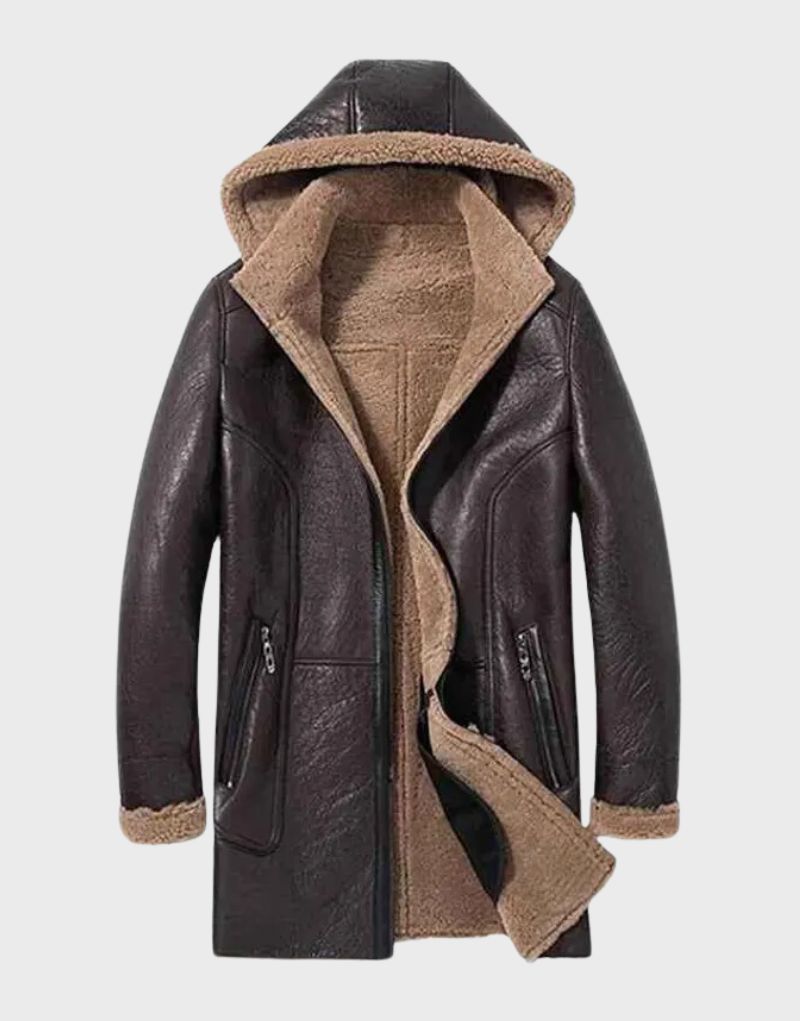 dark brown leather coat shearling lined