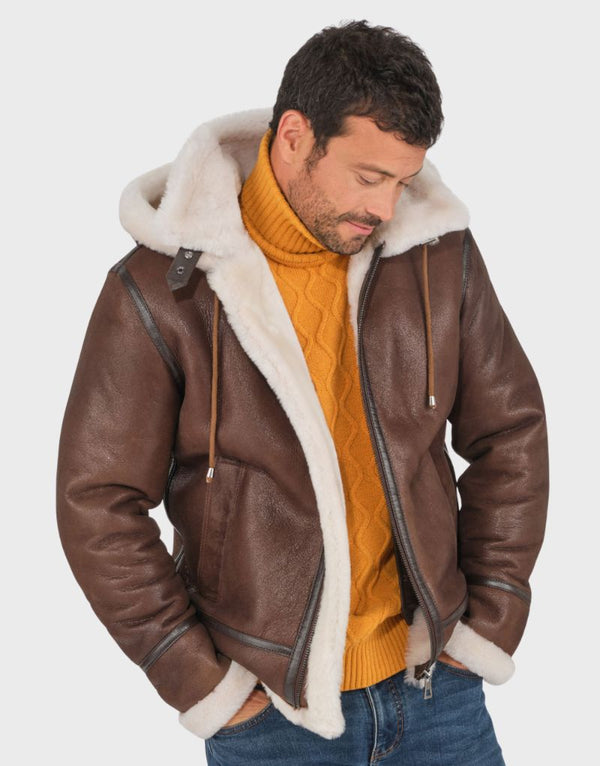 hooded faux shearling jacket brown