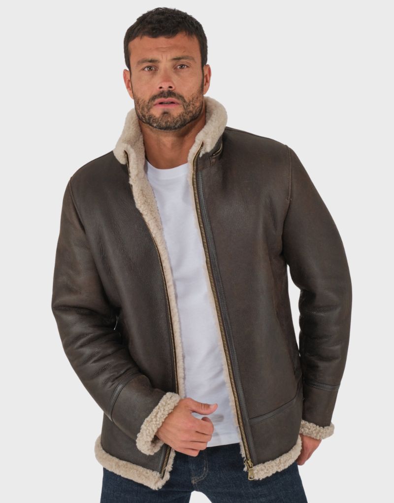 hooded leather mens shearling jacket