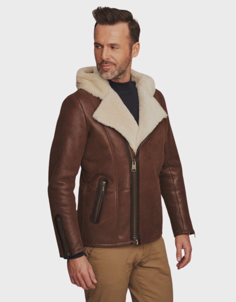 hooded leather shearling jackets mens