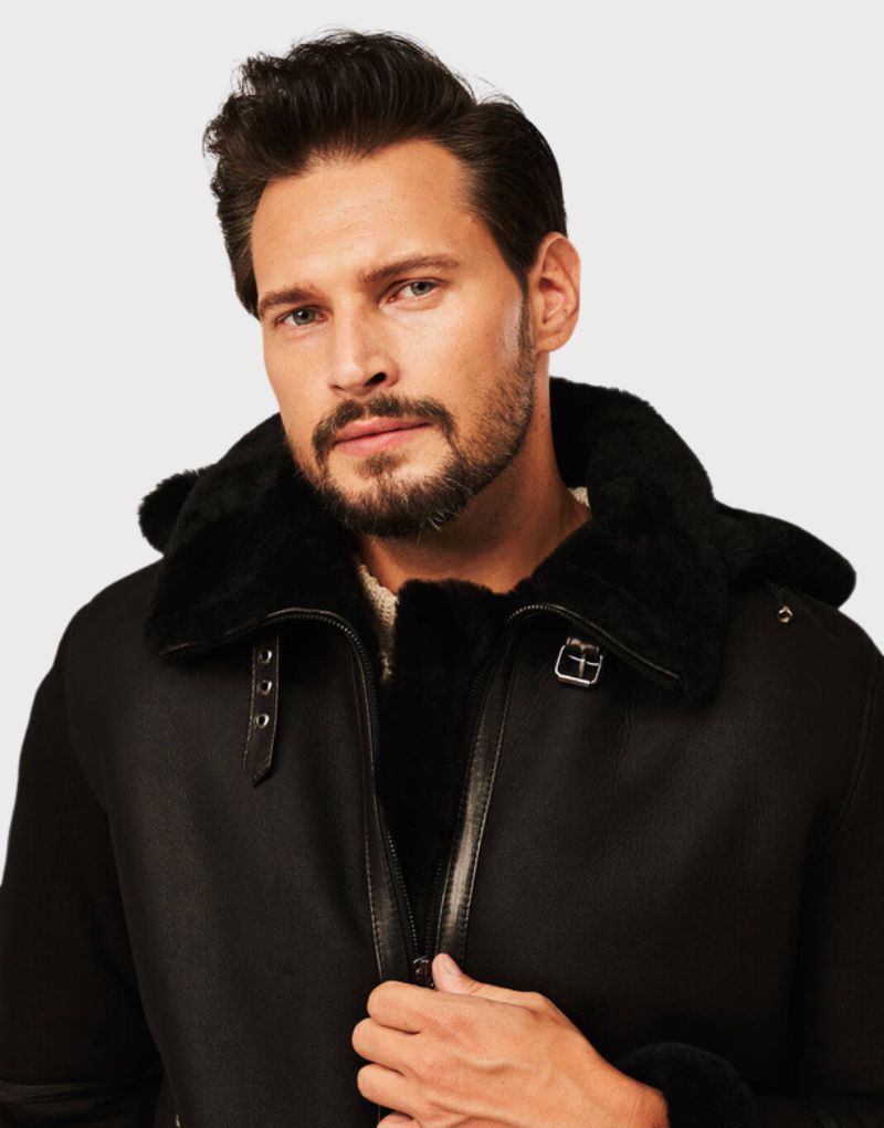 leather hooded shearling jackets mens