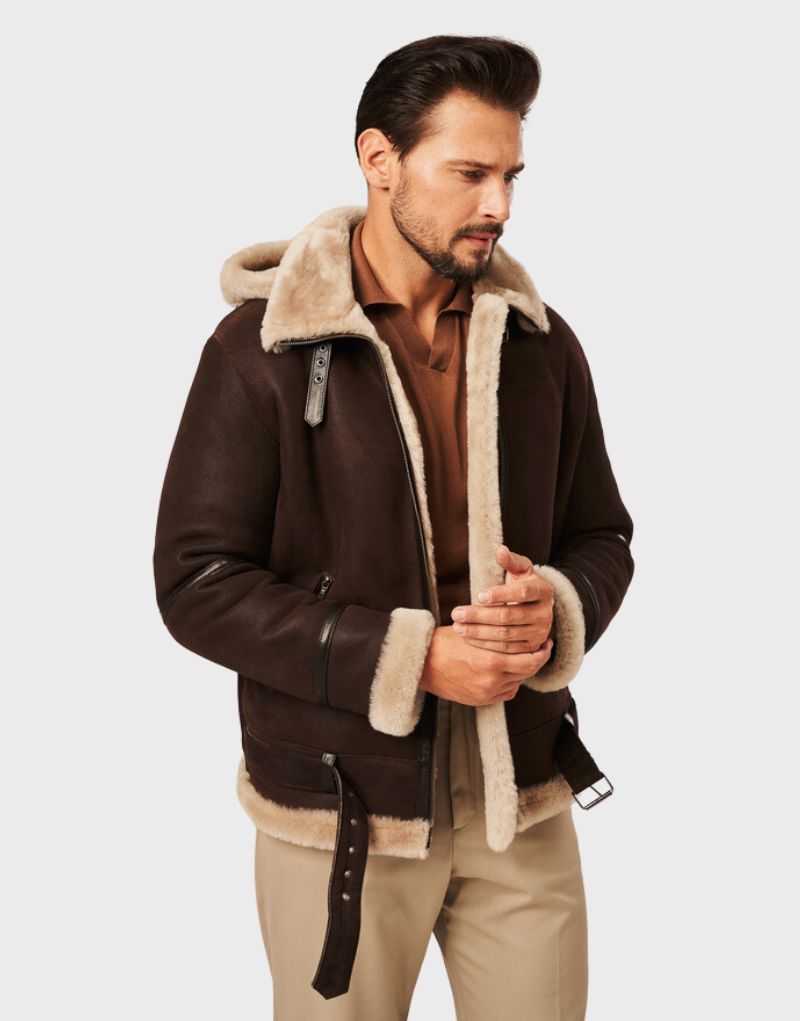 leather mens shearling hooded jackets