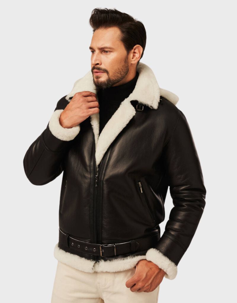 leather shearling hooded jacket mens