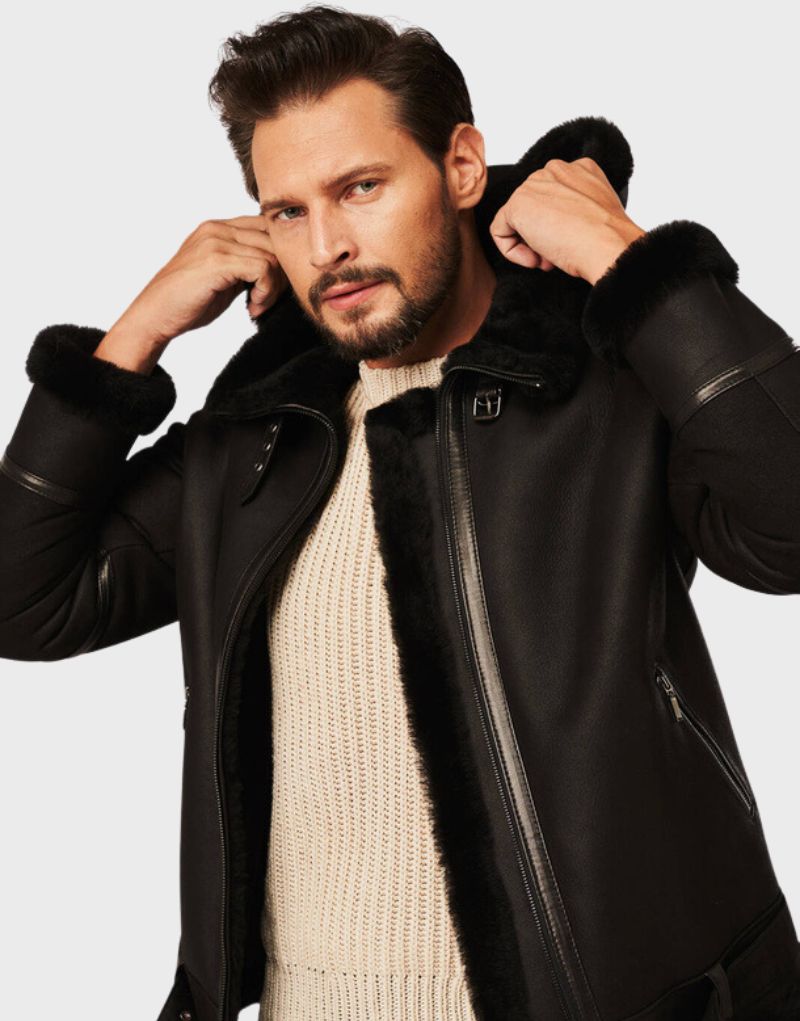 leather shearling hooded jackets mens