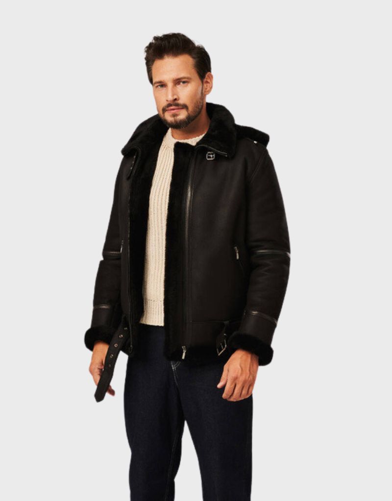 mens leather shearling hooded jackets