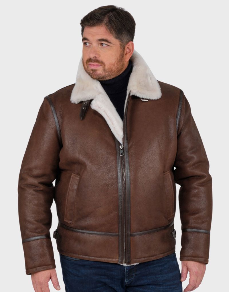 mens shearling coat brown leather bomber jacket